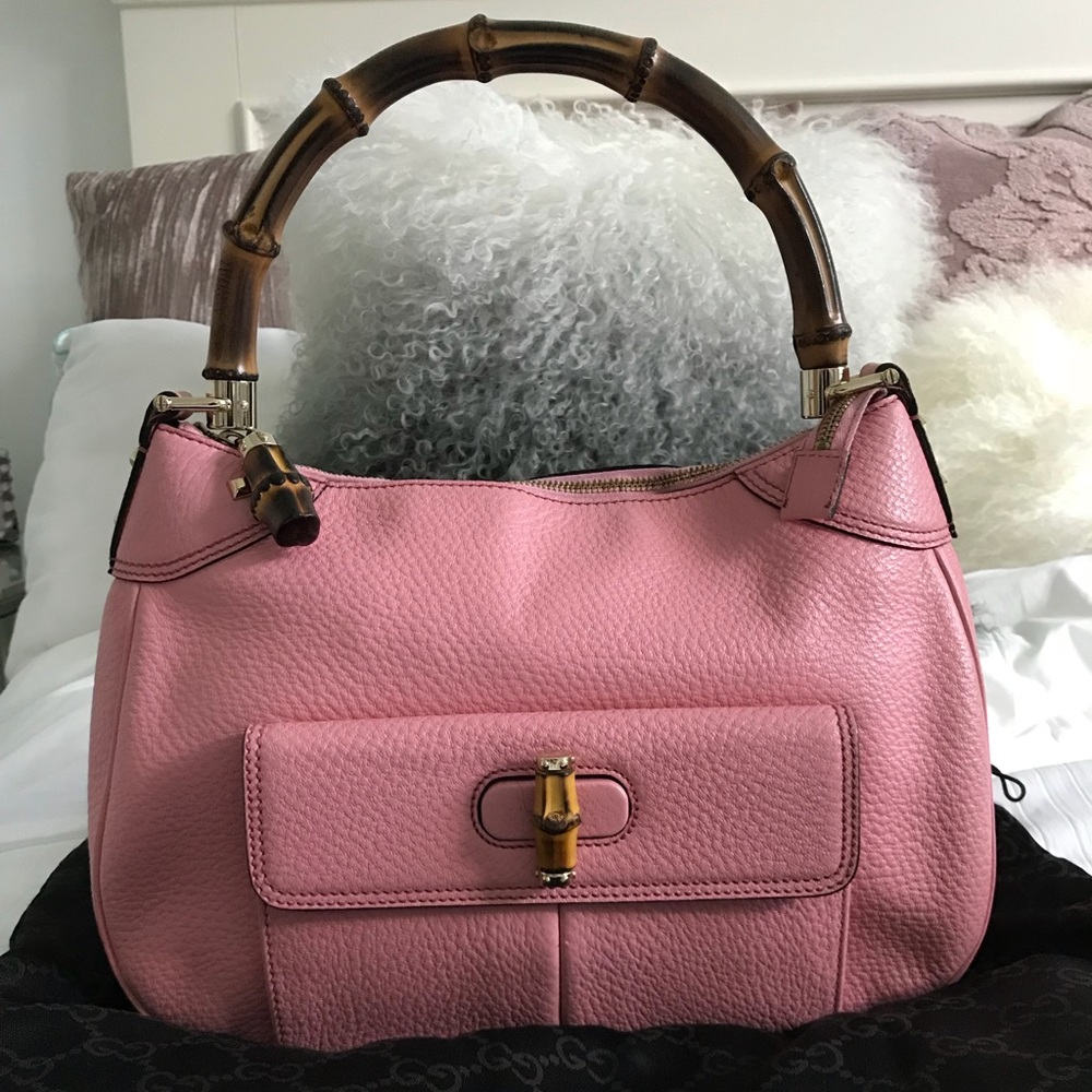 Gucci Calfskin Bamboo Top Handle Bag Pink